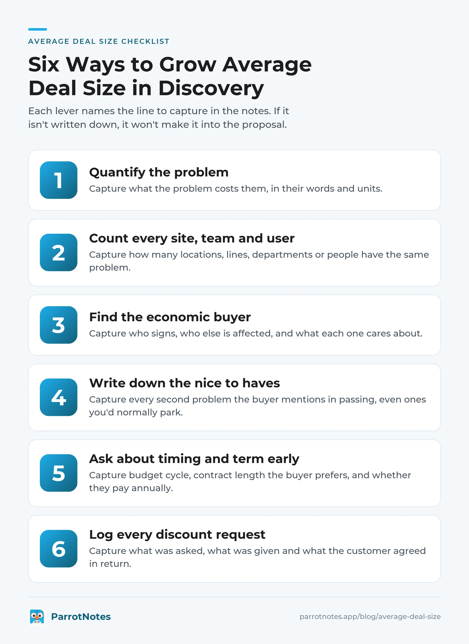 Checklist of six ways to grow average deal size from discovery notes, each with the line a rep should capture in the meeting