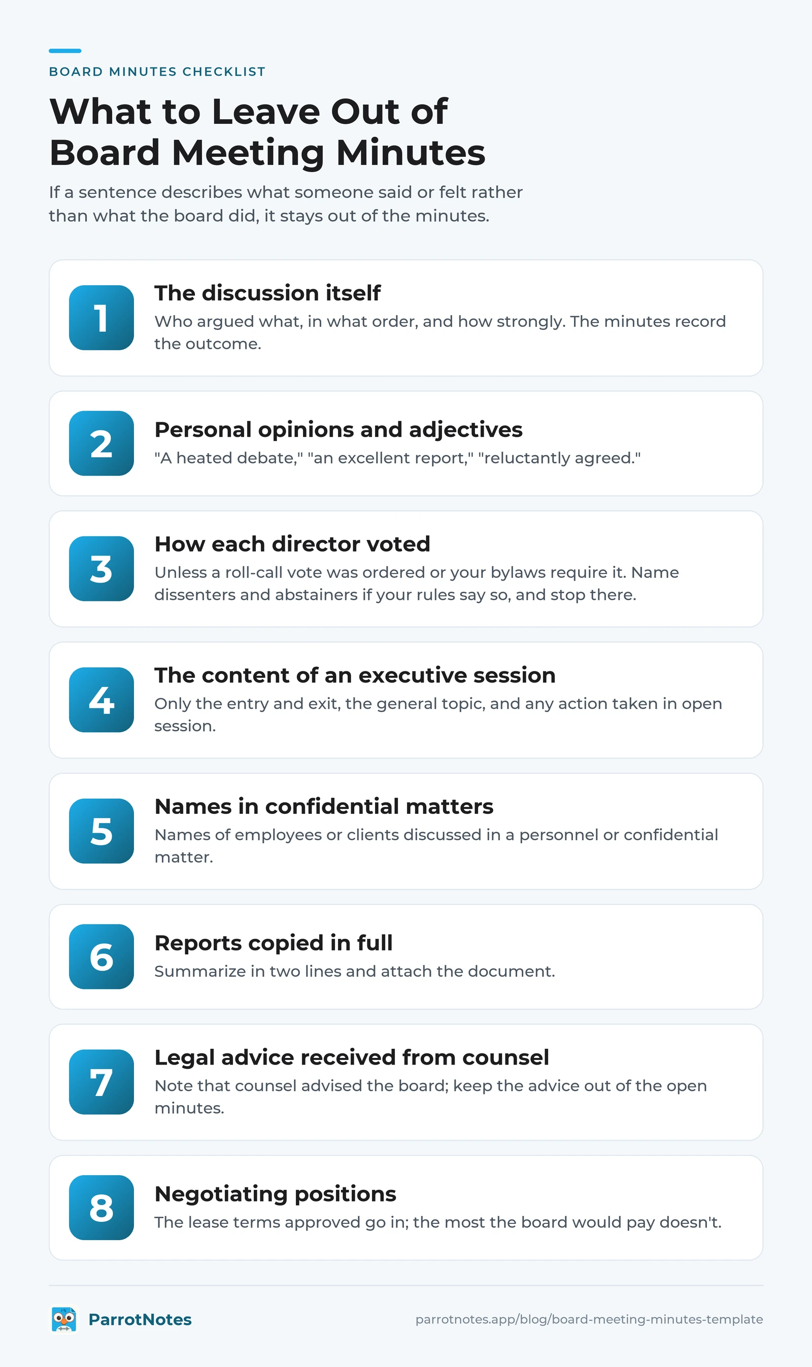 Checklist of eight things to leave out of board meeting minutes, from the discussion itself and personal opinions to executive session content, legal advice and negotiating positions