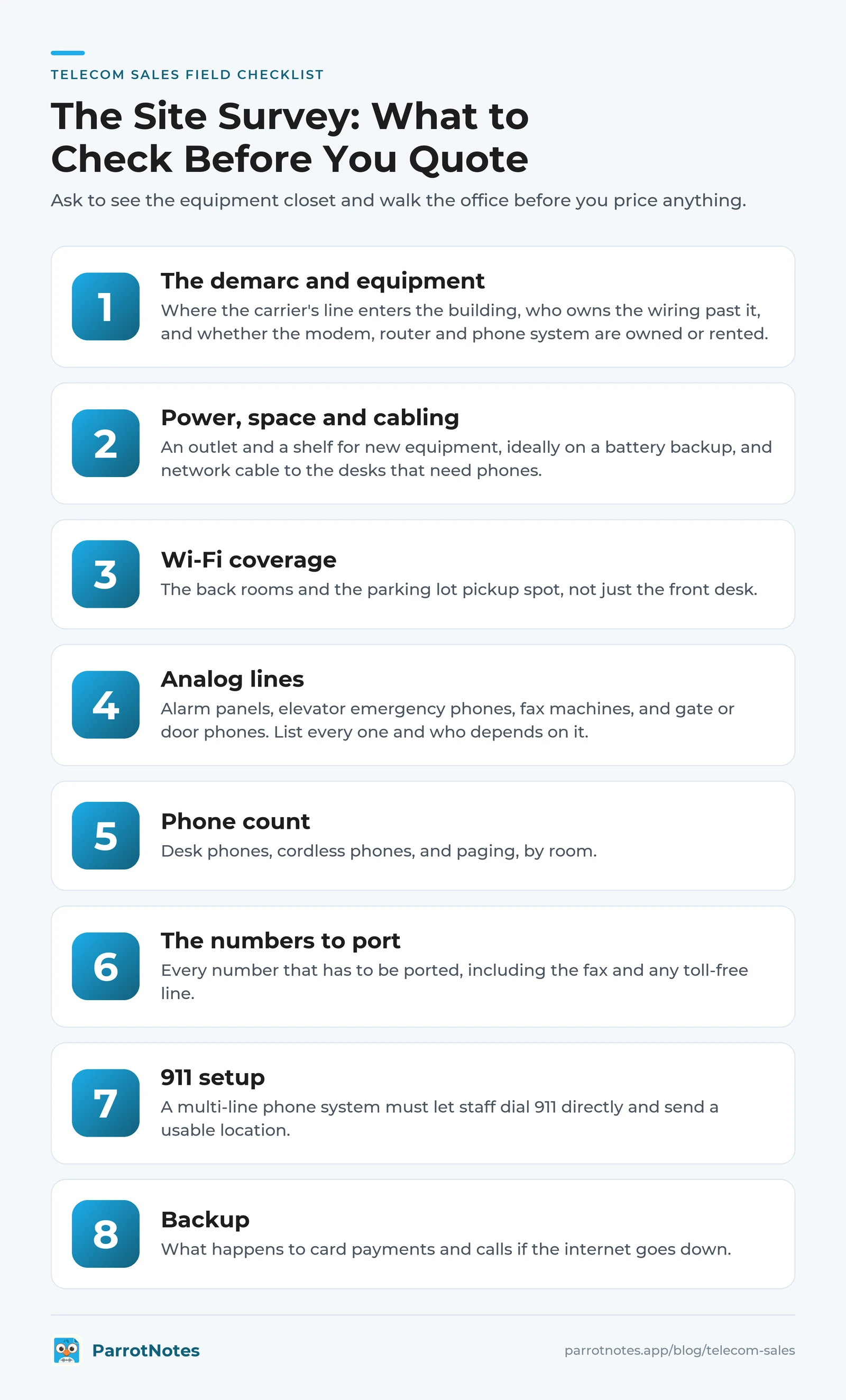 Telecom sales site survey checklist: demarc and equipment, power and cabling, Wi-Fi, analog lines, phone count, numbers to port, 911 setup and backup