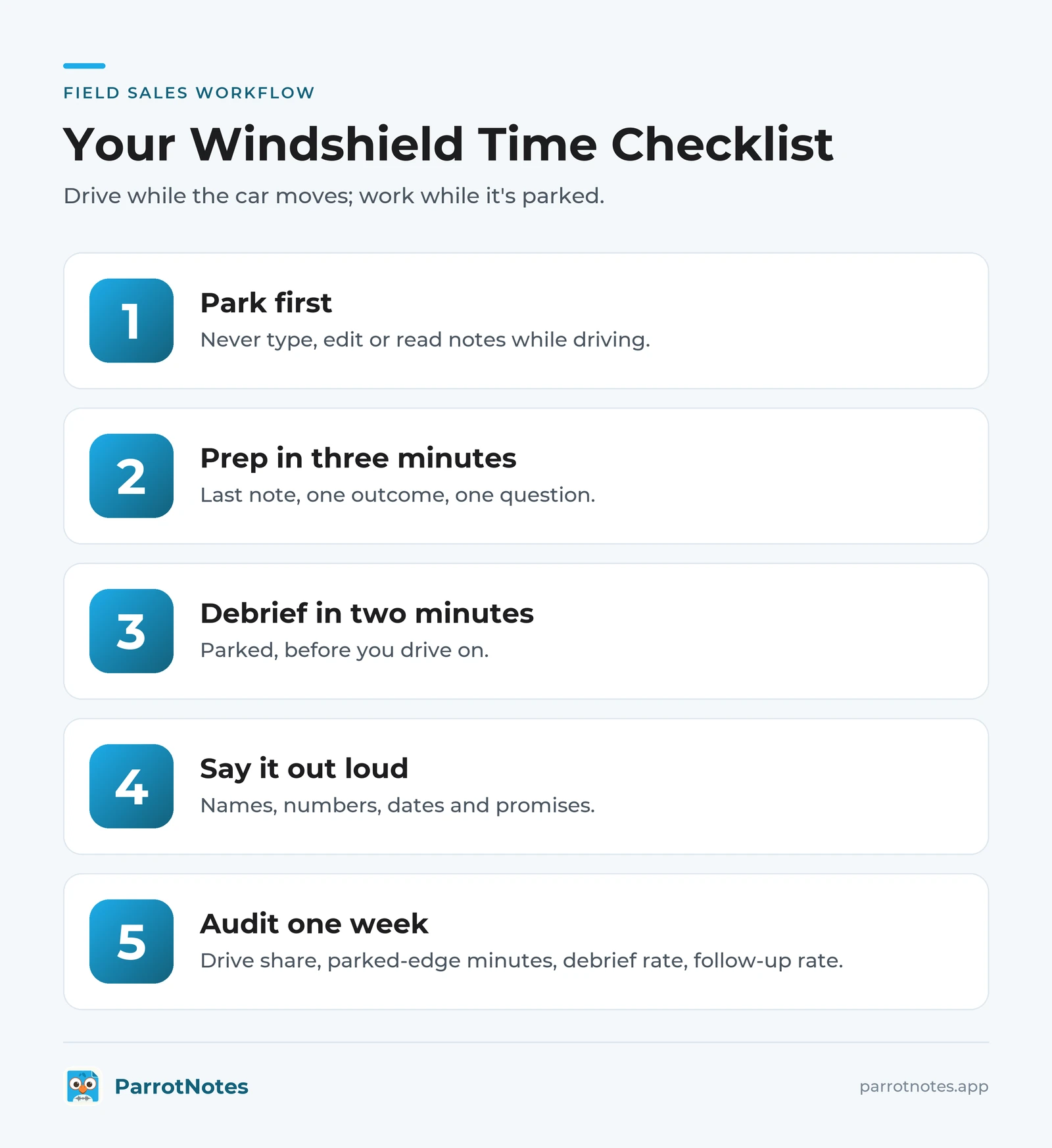 Checklist showing safe windshield time habits for field sales reps.